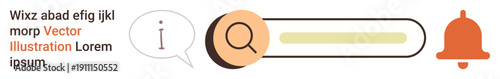 Data search, notifications, web tools, information services, communication, user interface design. A search bar, magnifying glass speech bubble and bell icon. Data search and notifications concept