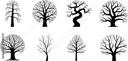 Collection Of Various Bare Tree Silhouettes Featuring Different Shapes And Branch Structures Without Leaves For Winter Autumn Landscape Design And Minimalist Nature Vector Illustrations