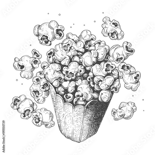 An artistic illustration of a box filled with popcorn kernels and pieces