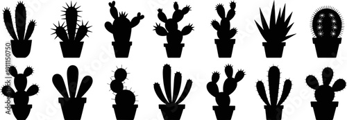 Professional set of black cactus silhouettes in pots featuring various succulent species like prickly pear and saguaro for desert nature design and icons.