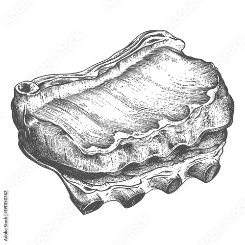 A detailed illustration depicting a rack of cooked meat ribs