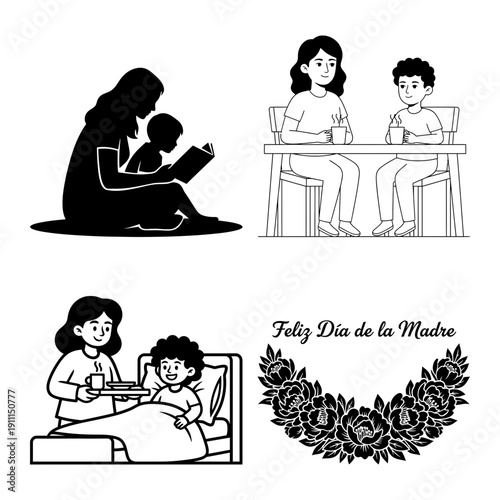 Dia de la Madre bundle showing mom helping homework, mother and child cooking, cake decorating and floral badge logo