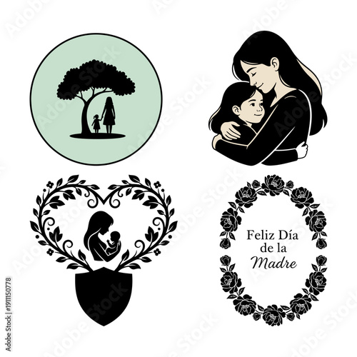 Dia de la Madre bundle with pregnancy silhouettes, heart belly icon and rose wreath typography greeting