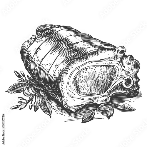 A Detailed Engraved Illustration Depicting a Large Roasted Meat Cut