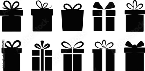 Set of black gift box silhouettes with various ribbon bows and holiday surprise packages for Christmas celebration, birthday party icons, and retail marketing designs.