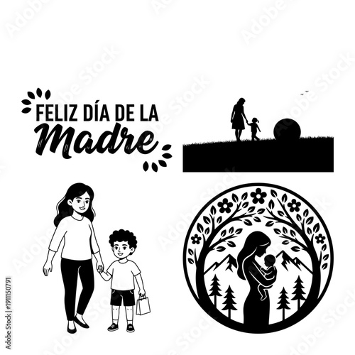 Dia de la Madre icon bundle with mother reading to child, coffee table talk, breakfast in bed scene and floral text decoration