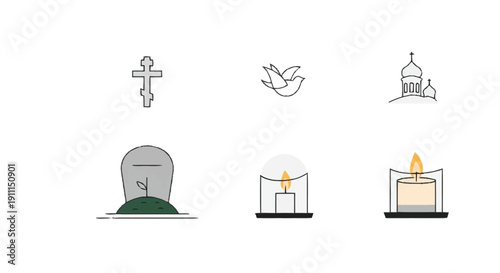 Simple line of Christian symbols and funeral including cross dove church tombstone candle