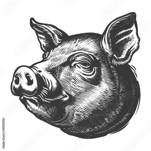 Detailed monochrome illustration showcasing the head of a domestic pig