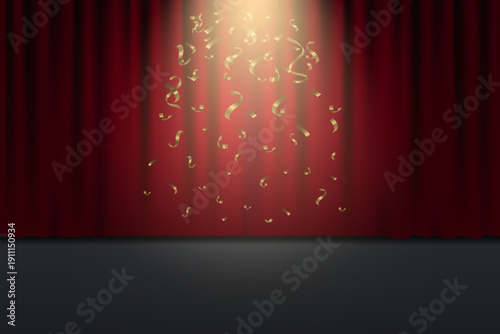 Golden confetti falling on a red stage curtain background