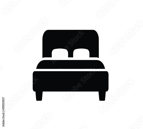 A simple black silhouette of a bed with a headboard and two pillows