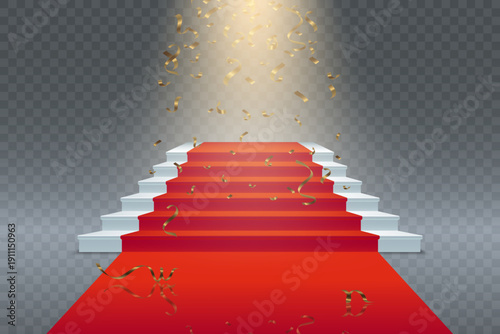 Red carpet staircase with golden confetti falling