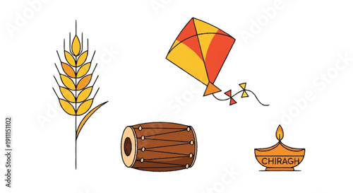 Indian festival kite wheat drum diya