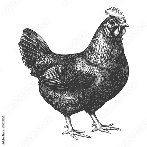 A detailed black and white illustration of a domestic hen