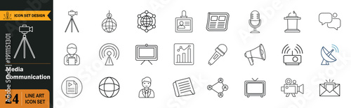 Media Communication and Broadcasting Line Icon Set with Journalism, News Reporting, and Digital Network Symbols