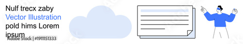 Cloud computing, information storage, data sharing, online services, digital workflow, technology usage. Blue cloud, document icon individual pointing. Cloud computing and data sharing