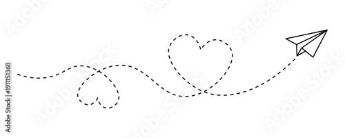 Paper airplane with dashed heart line flight path