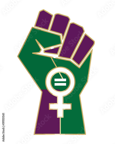 Raised fist with female symbol and equality sign, representing feminism and solidarity in a graphic illustration