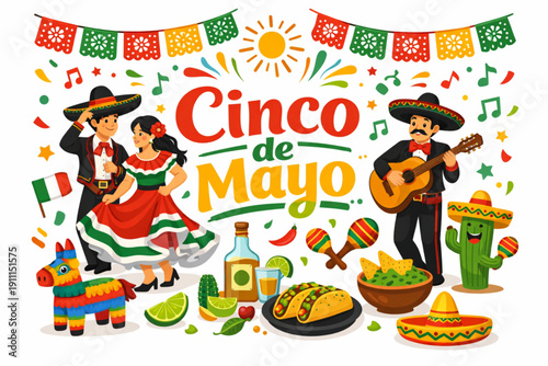 A vibrant illustration celebrating Cinco de Mayo with traditional Mexican music, dance, and food