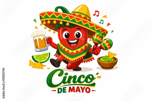 A vibrant cartoon chili pepper character celebrates Cinco de Mayo with a sombrero and a beer