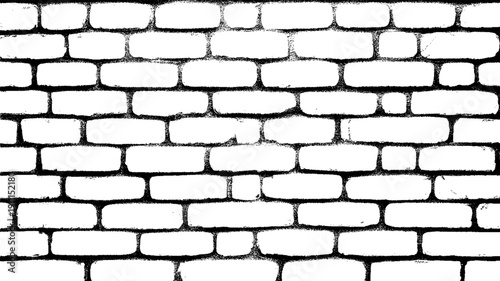 Monochromatic grunge halftone texture brick wall texture showcasing a high-contrast pattern of white bricks with dark grout lines, perfect for background or overlay vector
