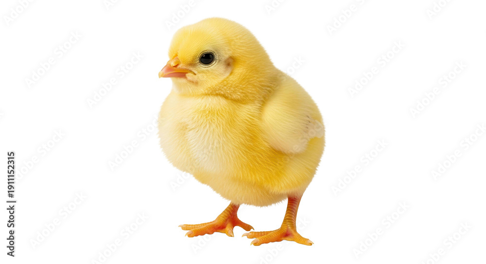 Fototapeta premium Adorable fluffy yellow chick standing against black