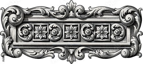 Grayscale Baroque architectural frieze with acanthus scrolls and floral rosettes, symmetrical classical ornamental molding design