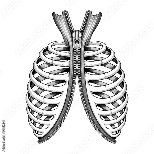 Anatomical illustration depicting a human rib cage with a zipper effect, opening to reveal the sternum and ribs in a unique artistic style vector