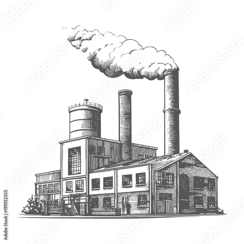 Detailed industrial factory illustration with smoke plumes against a backdrop