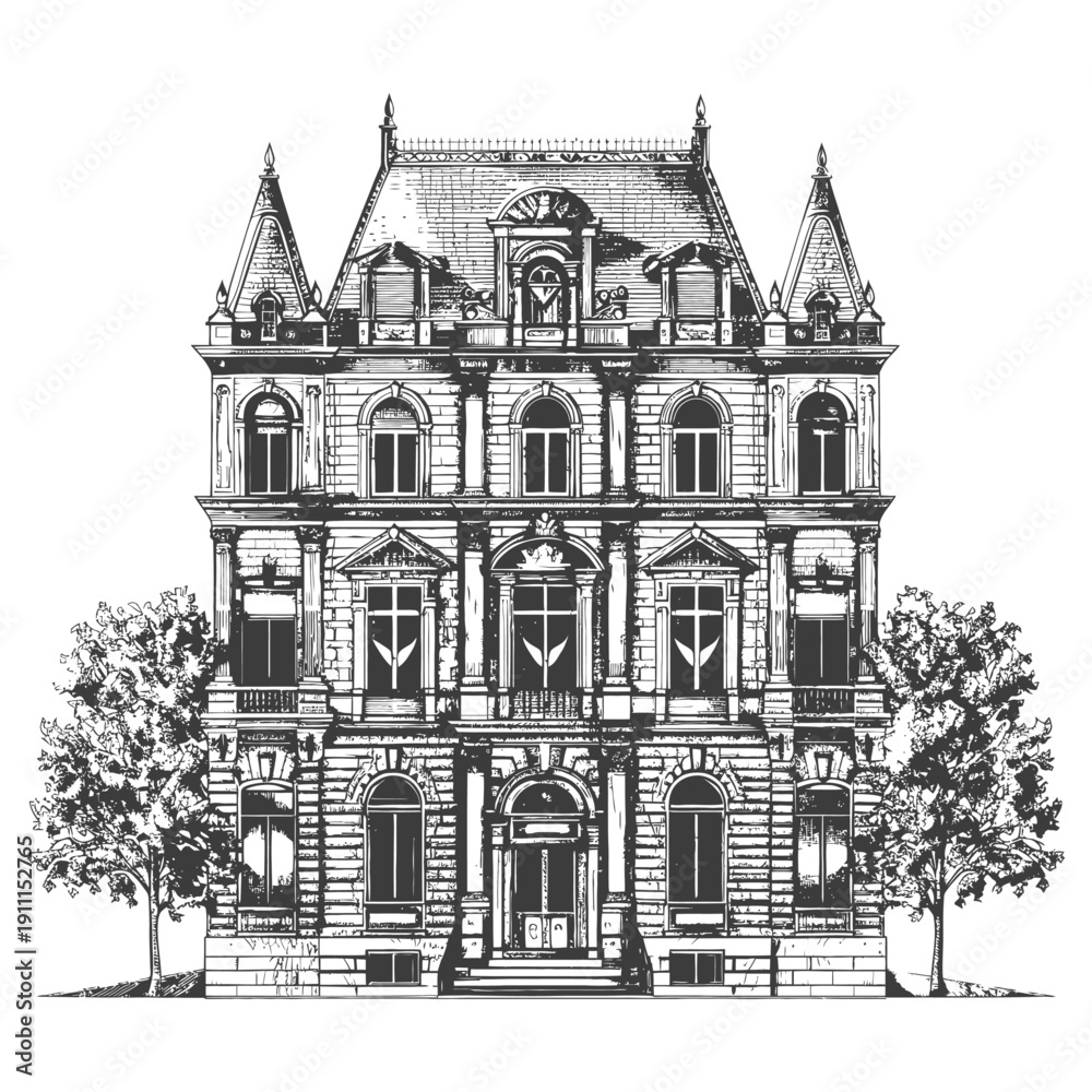 Fototapeta premium An elaborate and symmetrical sketch of a large stately mansion
