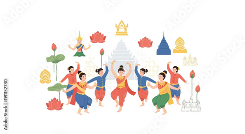 Thai dancers in traditional costumes surrounded by temples and lotus flowers cultural performance 1