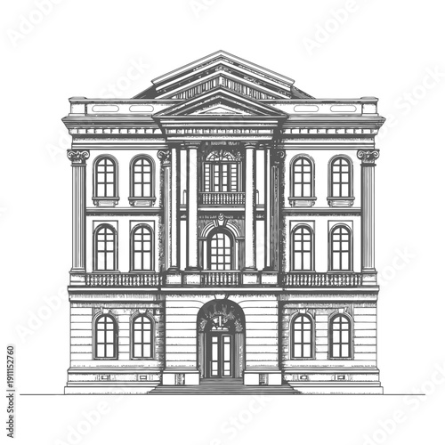 Classical building illustration portraying architecture with columns and arched windows