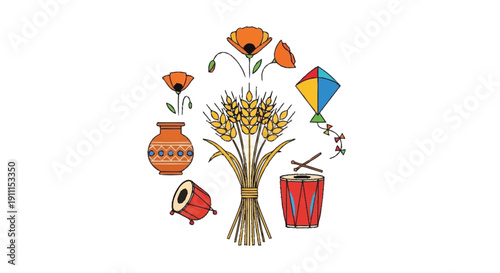 Bunch of wheat with flowers drums and kite vase 1
