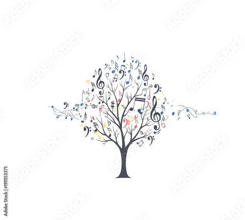 A lone tree stands in a snowy landscape with a cityscape in the background