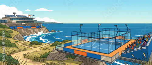 Epic seaside padel championship arena vector illustration with modern glass court on ocean cliffs for sports posters, event branding, tournament promotions, stadium advertising, social media campaigns