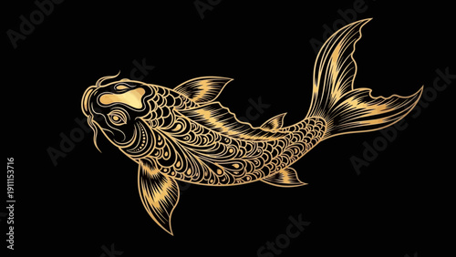 Elegant golden koi fish illustration against a black backdrop art design