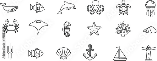 A collection of simple black and white line art icons depicting various marine animals and ocean-related objects