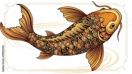 Elegant illustration of a koi fish with ornate scales and golden color