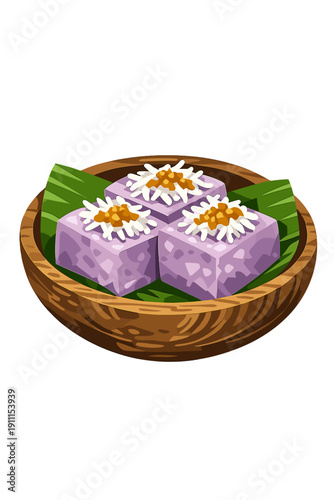 A classic steamed taro sweet, garnished with shredded coconut and palm sugar, served in a rustic wooden bowl—ideal for cultural food themes