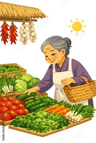 An older Asian woman in a traditional outfit and apron picks vegetables from a local market stall under warm sunlight, evoking themes of culture, community, and everyday life