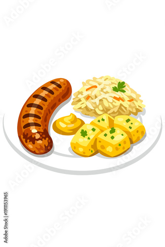 Classic German bratwurst served with sauerkraut and potatoes, a robust and flavorful dish that showcases the bratwurst's texture and taste, perfect for culinary and cultural exploration