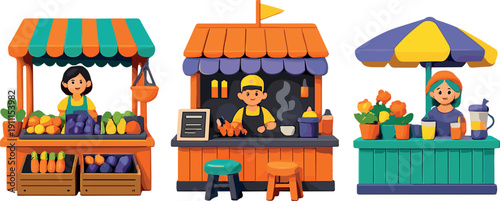 Flat design front view of street market stalls, vendor booths, rendered in 3D with a split‑complementary color scheme