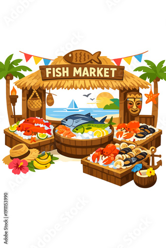 A lively local fish market featuring tropical fish, wooden display platforms, and culturally themed travel exhibits