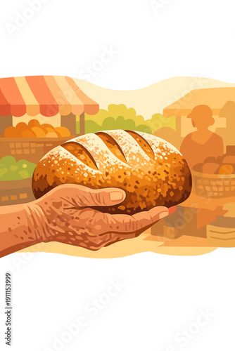 A weathered hand gently cradles a freshly baked artisanal loaf against a softly blurred backdrop of an outdoor market, evoking tradition and craftsmanship