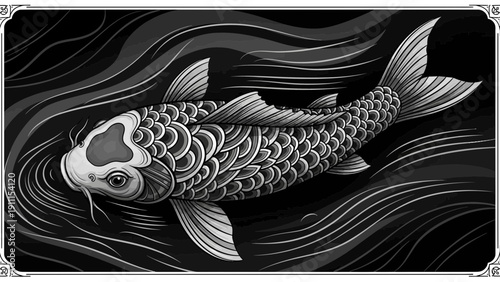 Elegant koi fish illustration swimming in swirling water monochrome artwork