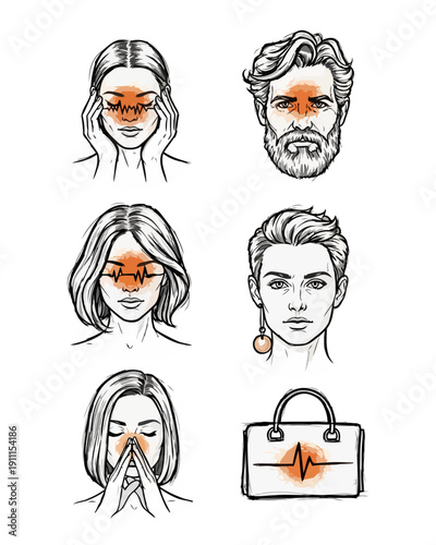 Illustration of diverse individuals and a handbag showcasing various emotions and styles from a frontal viewpoint