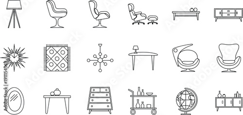A collection of minimalist black and white line icons representing various pieces of furniture and interior design elements.