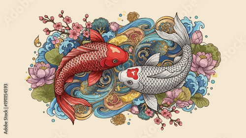 Koi fish illustration artistic depiction of the symbolic japanese carps