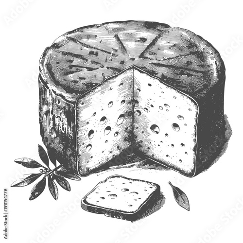 An illustration shows a large cheese wheel with a slice removed