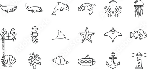 A collection of simple black and white line art icons featuring various sea creatures and nautical elements
