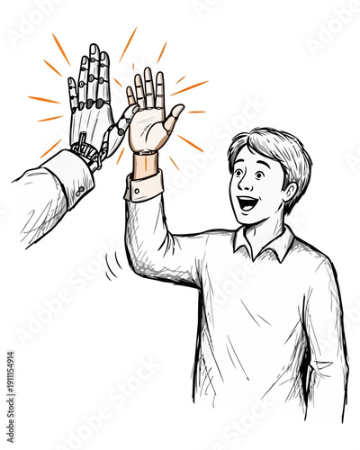 Joyful high-five between human and robotic hand, symbolizing a promising future of collaboration, technological advancement, and seamless human-machine interaction